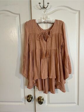 En Creme Dusty Rose Boho Tiered Tunic with Tassel Tie